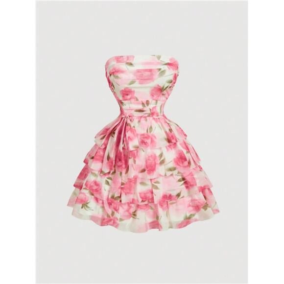 Variété Boutique Dresses & Skirts - Pink Rose Flower Pattern Dream-Like Romantic Dress, Decorated With Layered